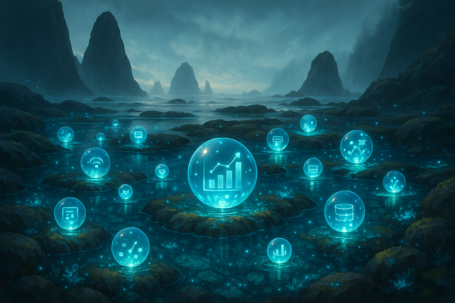 Mystical Oregon Coast tide pools revealing hidden AI business opportunities glowing beneath crystal-clear waters