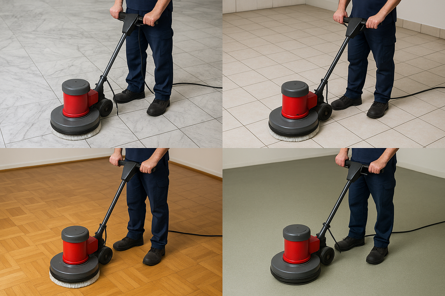 Einscheibenmaschine bei der Arbeit auf verschiedenen Bodenbelägen