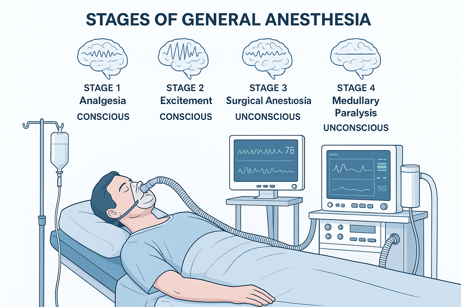 Educational illustration showing stages of general anesthesia with medical equipment and patient monitoring