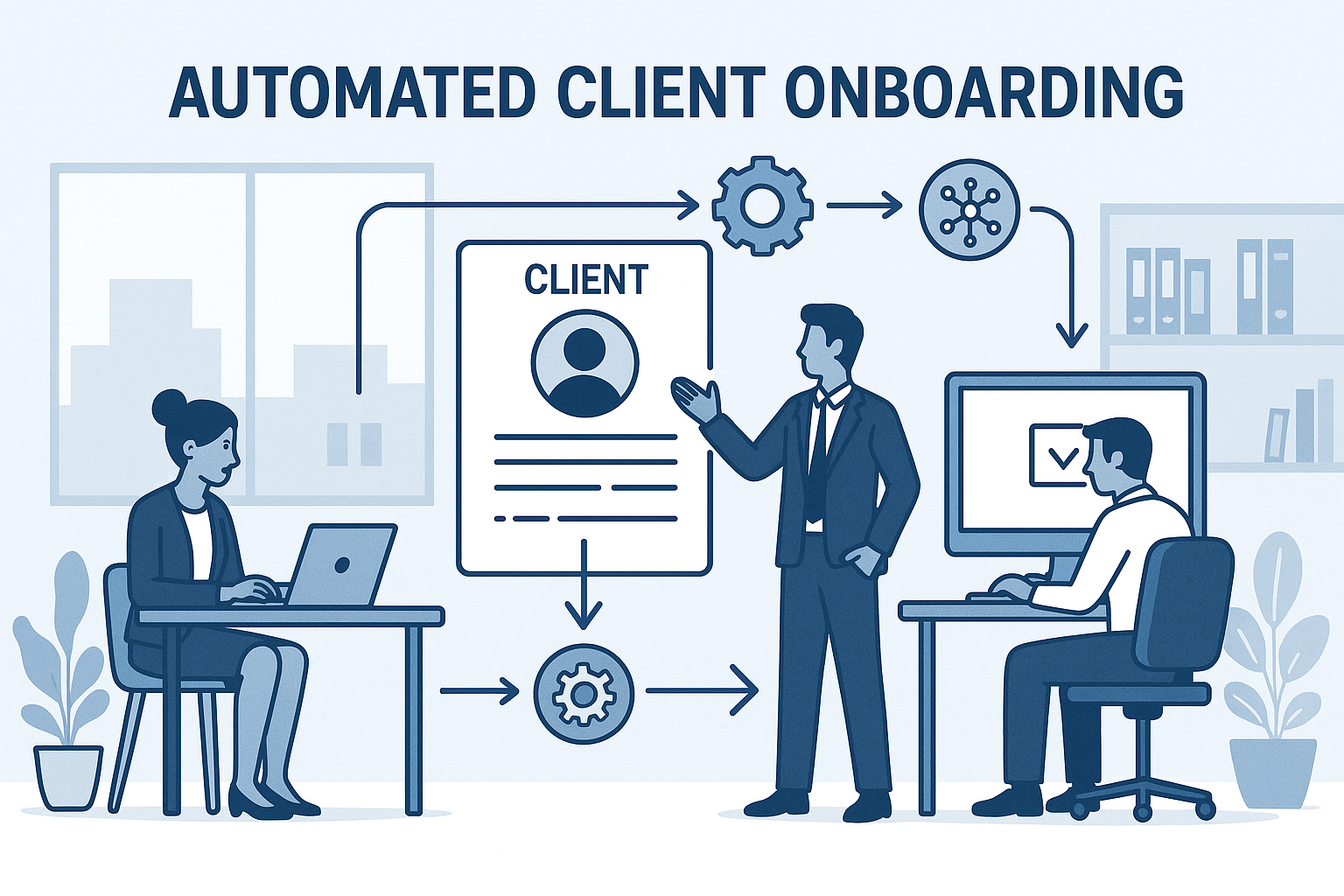 Professional business illustration showing automated client onboarding workflow with digital interfaces and streamlined processes