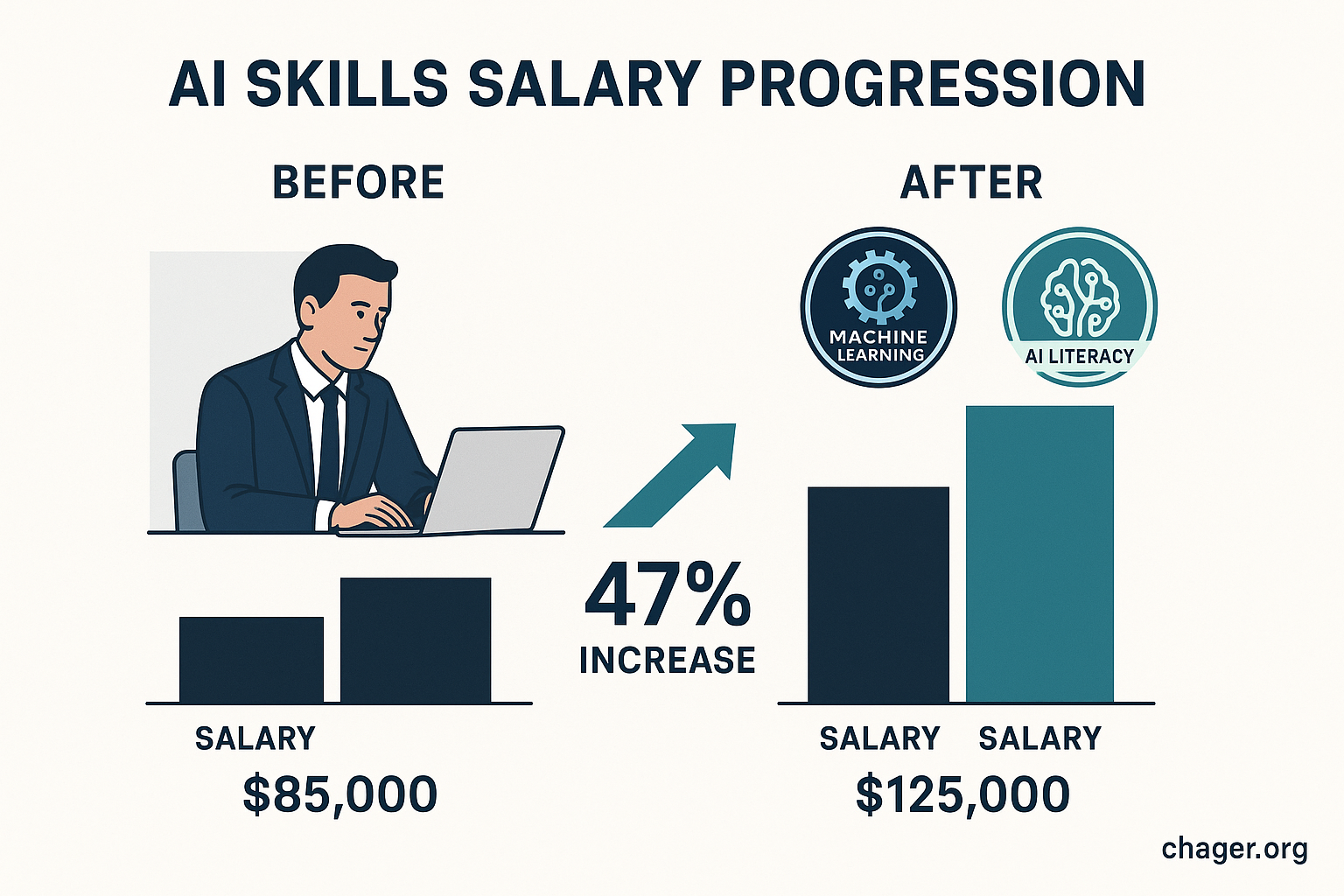 AI skills salary progression infographic showing before and after comparison with 47% salary increase