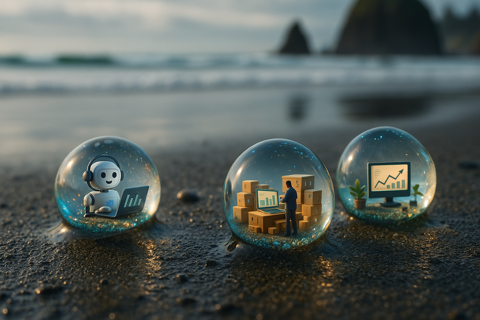 Magical water droplets containing miniature AI business solutions including customer service, analytics, and automation capabilities