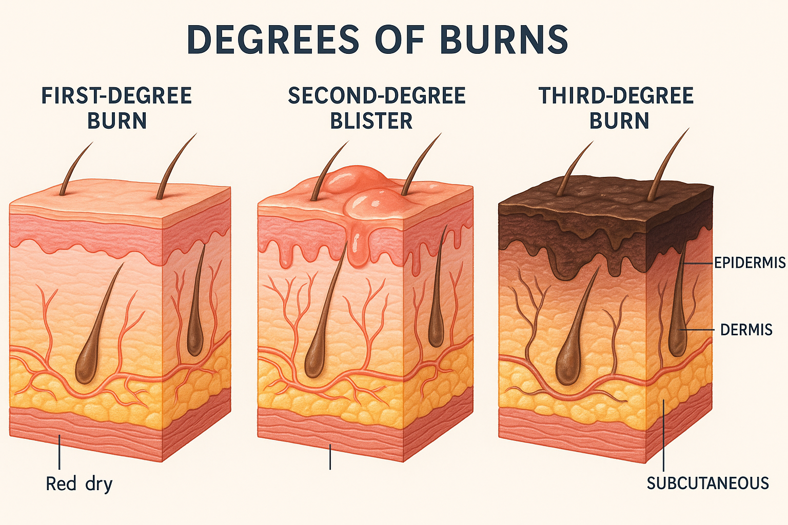 Anatomical illustration showing different degrees of burns