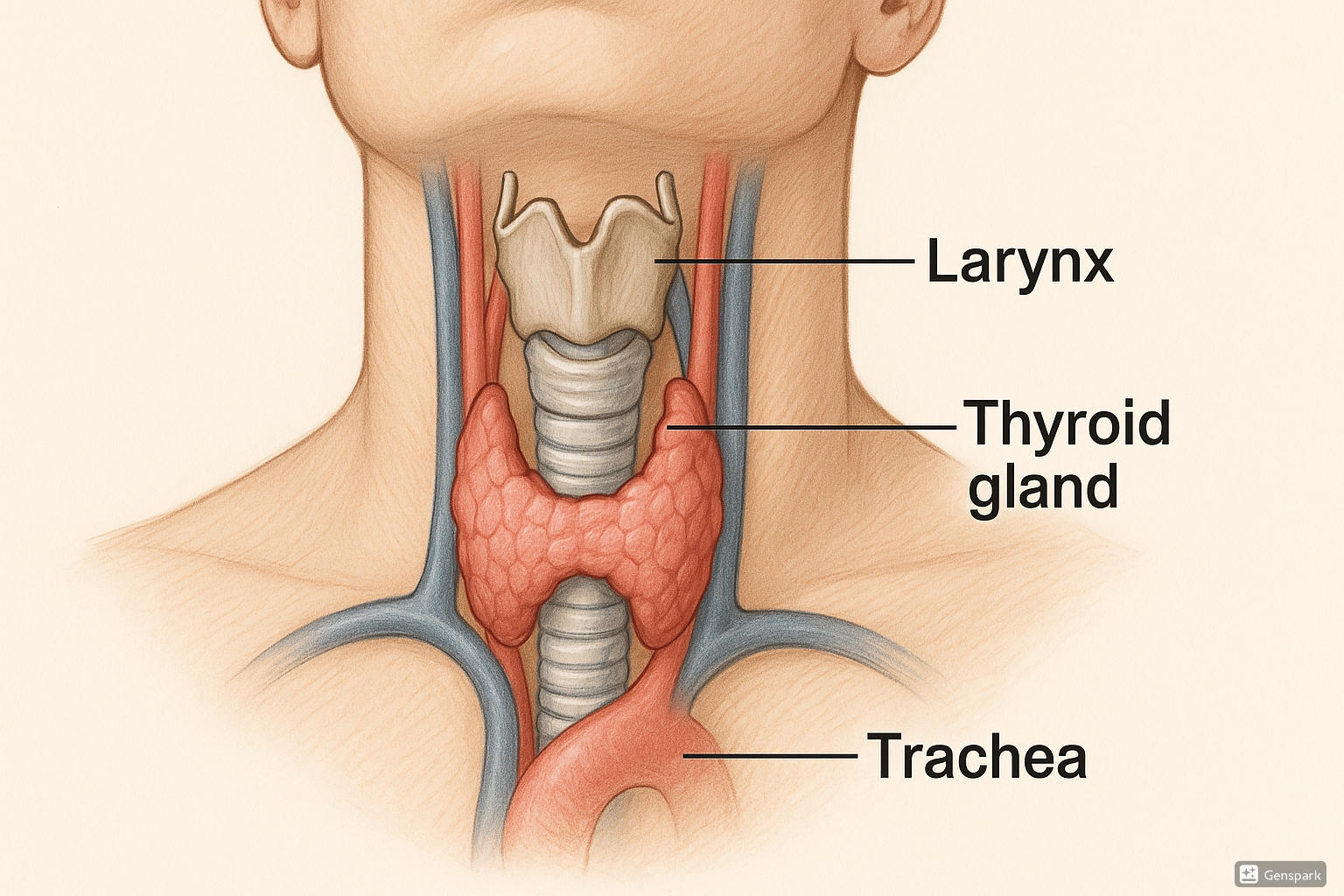 Thyroid disorders anatomical illustration showing the thyroid gland in the neck with surrounding structures
