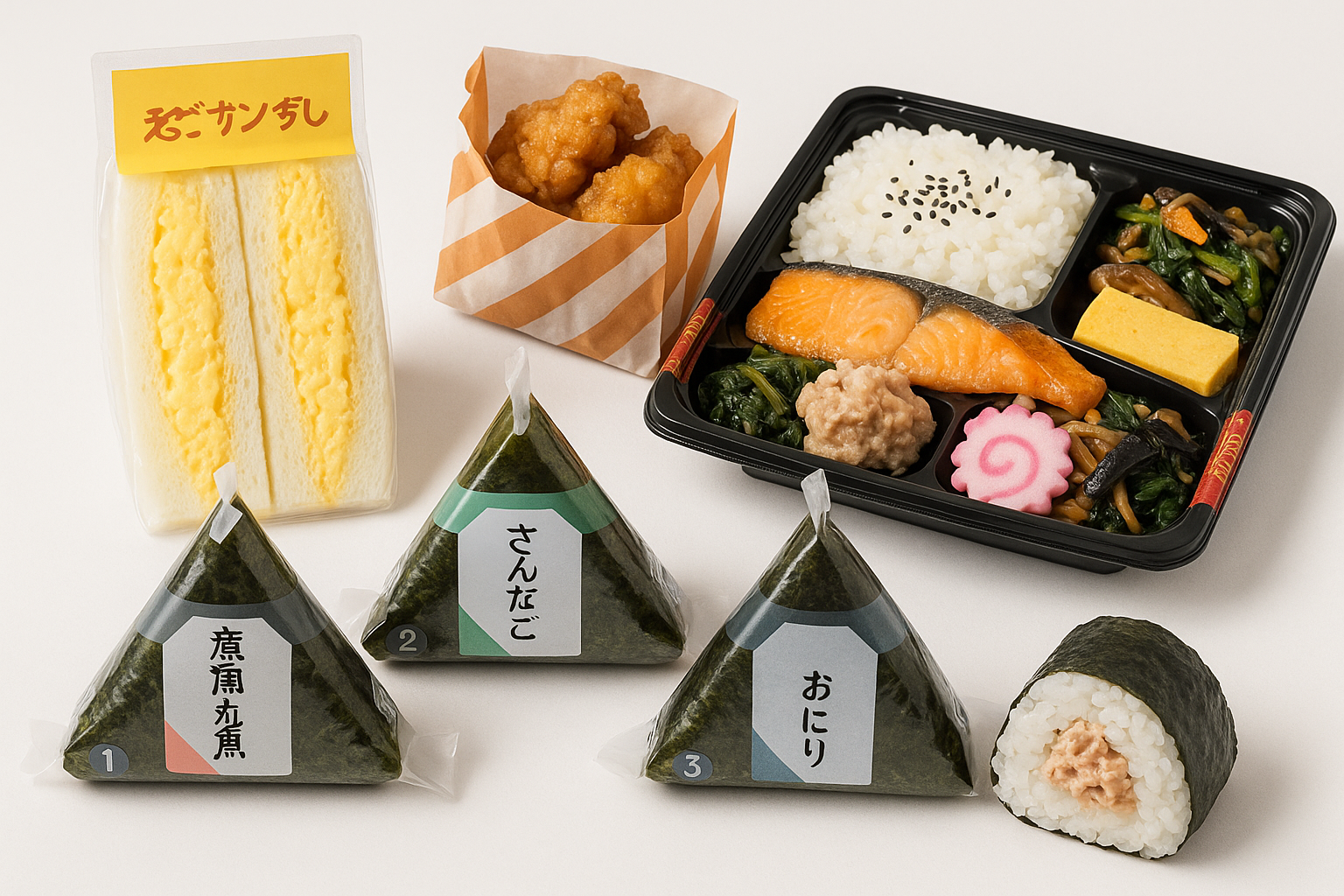 Assorted Japanese convenience store foods including onigiri, sandwiches, and bento boxes