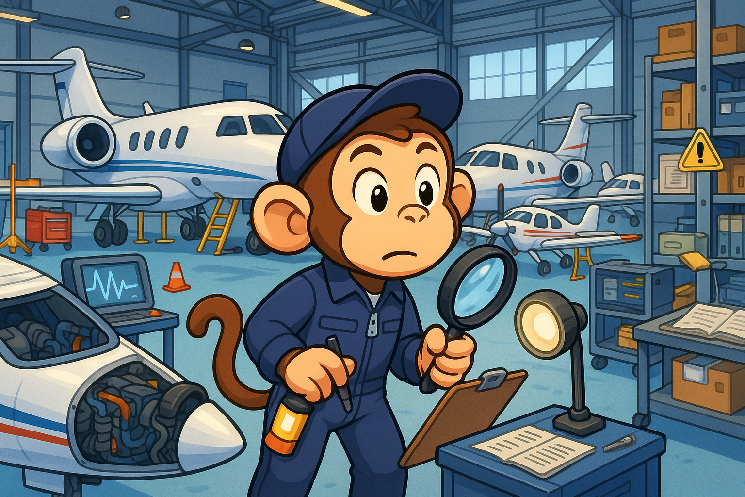 Grease Monkey in professional aircraft maintenance hangar