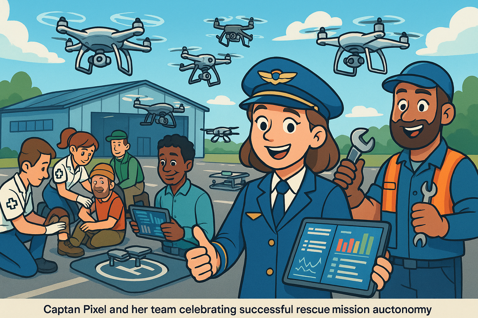 Captain Pixel and team celebrating successful rescue with autonomous drone landing and mission data analysis