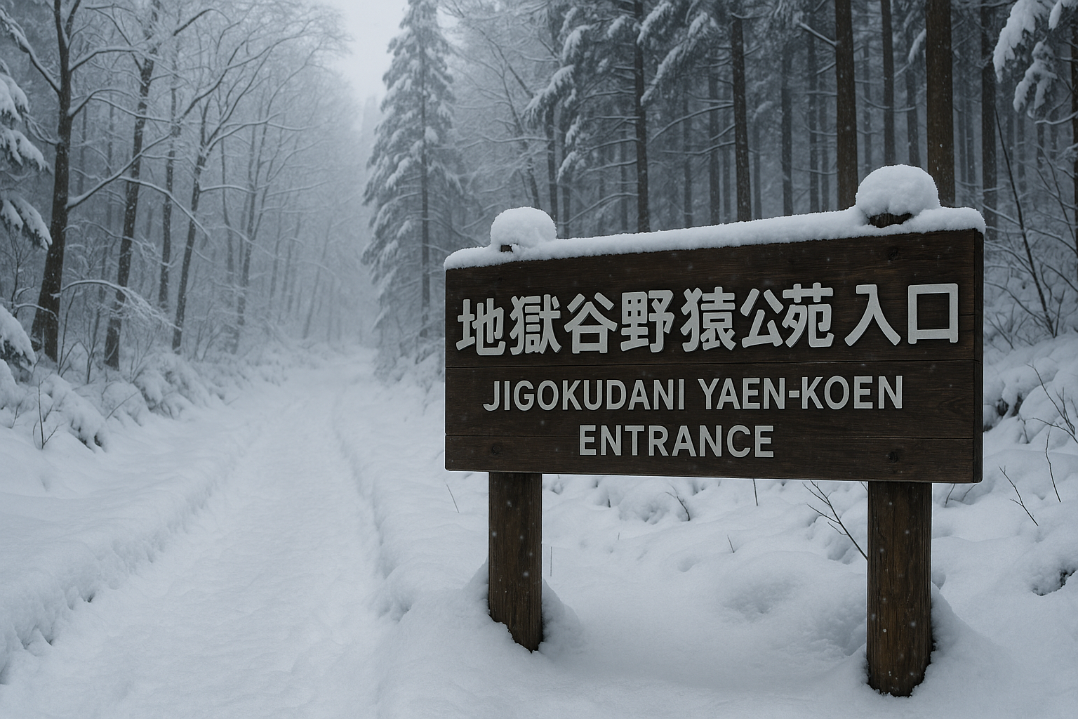 Snow Monkey Park entrance with correct signage showing Jigokudani Yaen-koen in winter