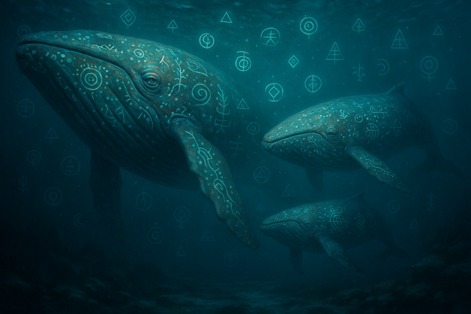 Ancient wise whales with glowing symbols representing centuries of communication wisdom