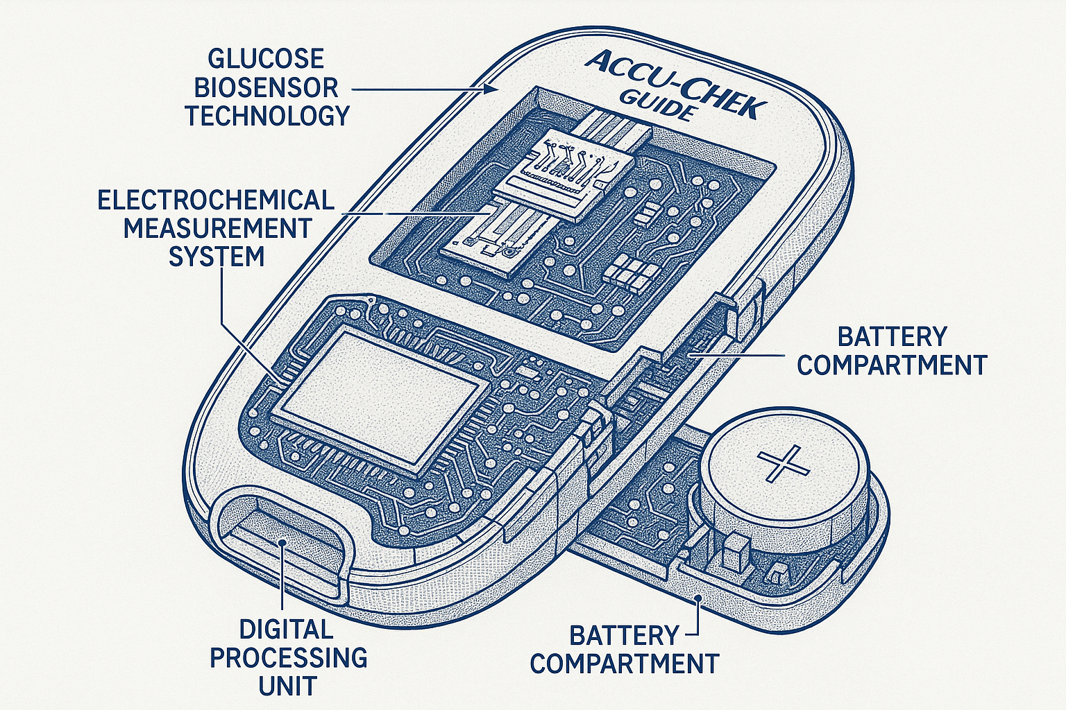 Technical cutaway diagram of Accu-Chek Guide internal components