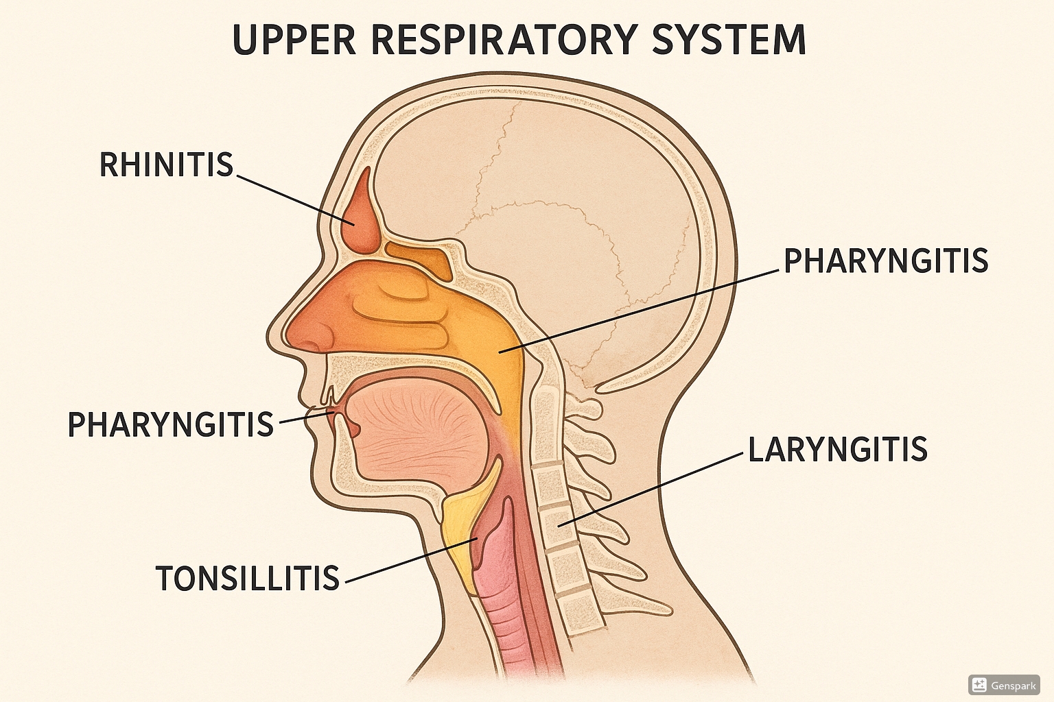 Anatomical diagram of the upper respiratory system showing different conditions