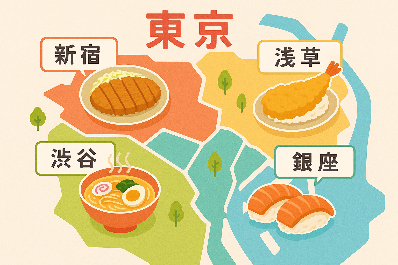 Stylized Tokyo map showing budget food locations across major districts