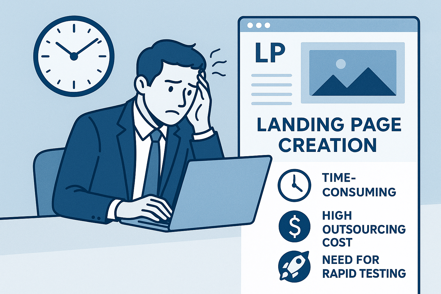 ランディングページ制作に悩むビジネスパーソンの課題を表現した図