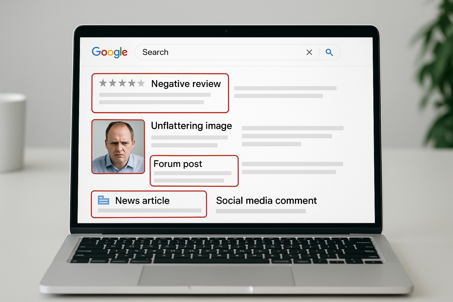 Écran d'ordinateur montrant différents types de contenus négatifs sur les résultats de recherche Google