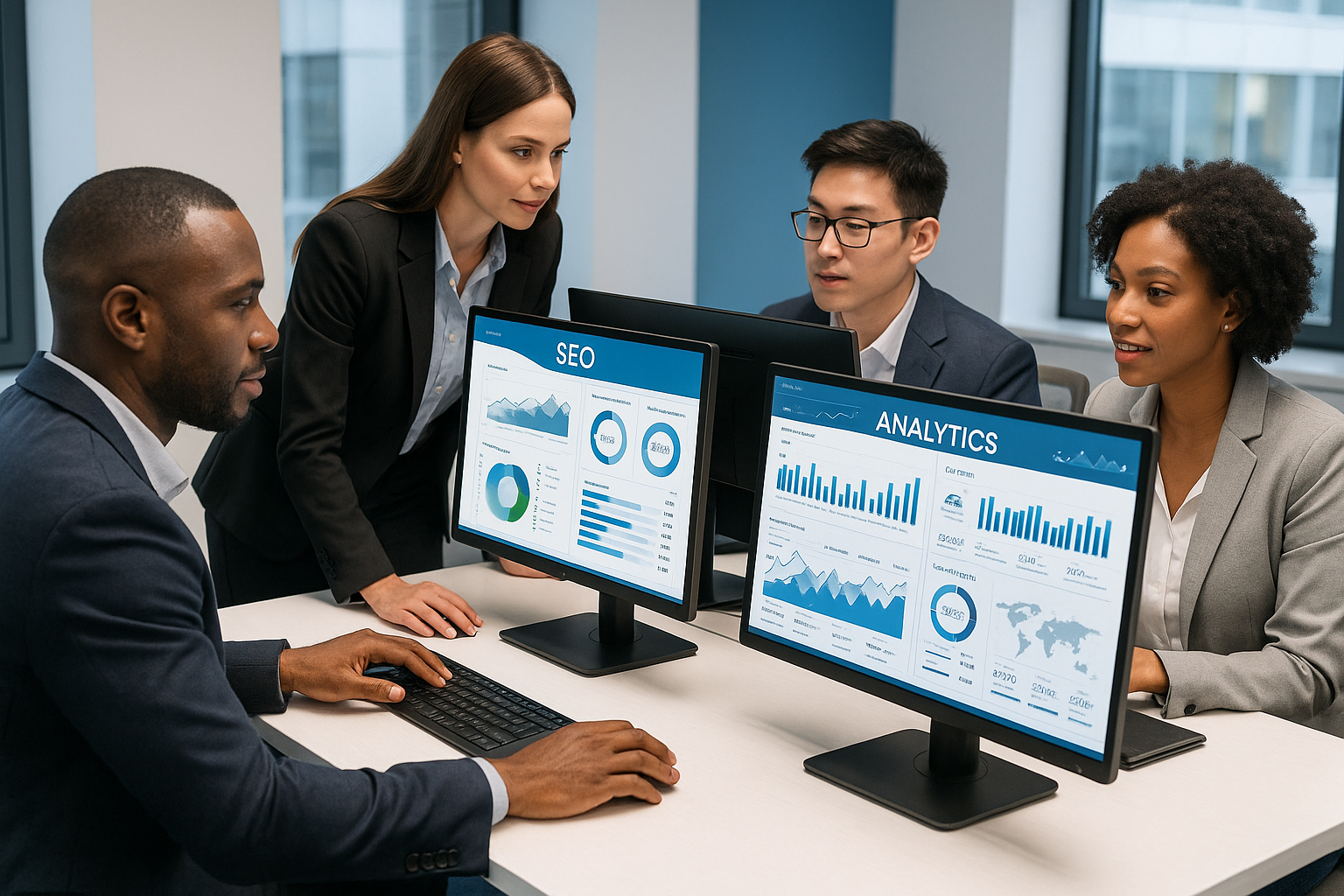 Une équipe de professionnels de l'e-réputation travaillant sur plusieurs écrans d'ordinateur dans un bureau moderne