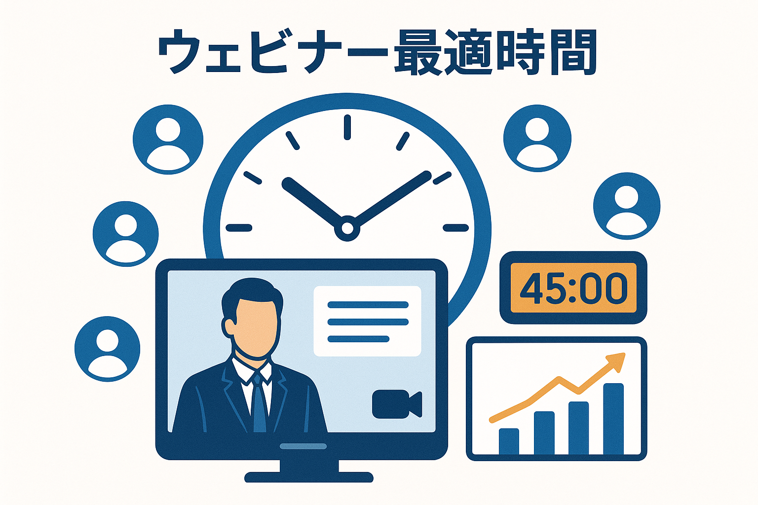 ウェビナー時間設計の概念図 - 時計とウェビナー画面、参加者アイコン、エンゲージメントグラフを含むプロフェッショナルなインフォグラフィック