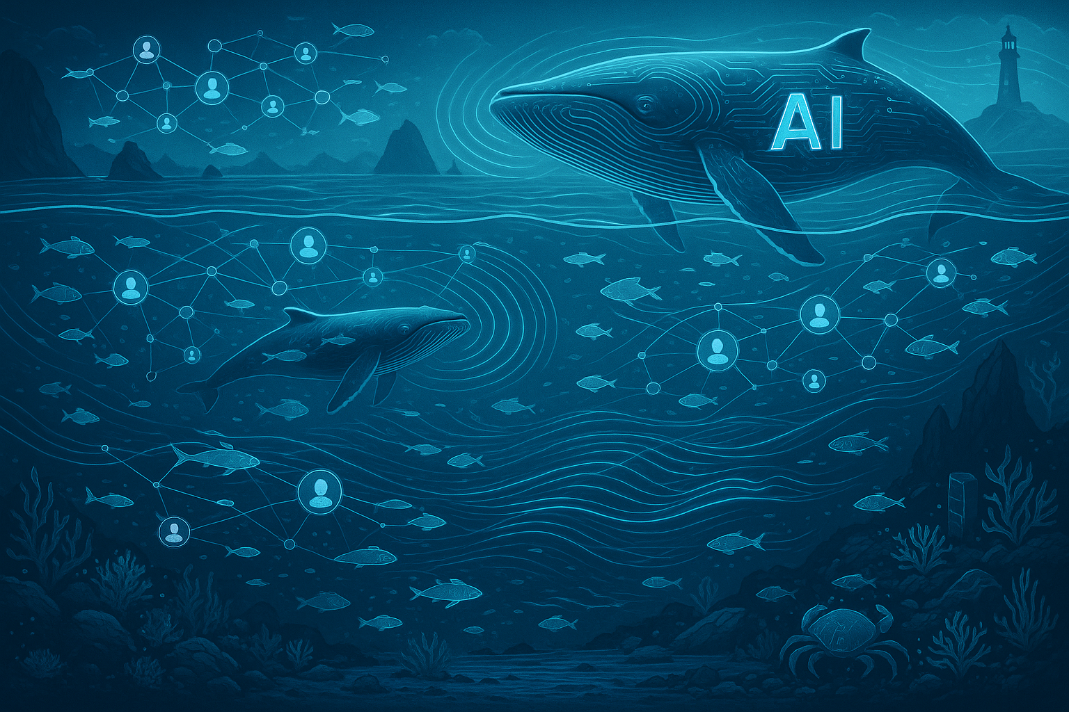 Vast digital ocean ecosystem showing customer relationships as interconnected marine life