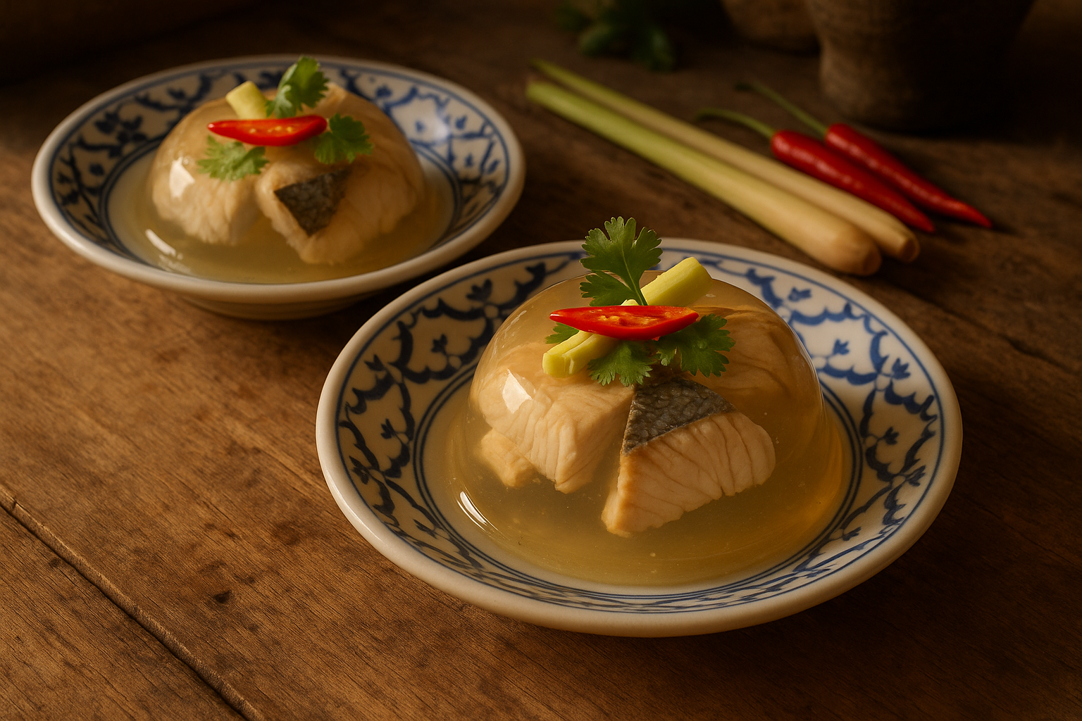 Beautiful Japanese-style nikogori served on Thai ceramic plates