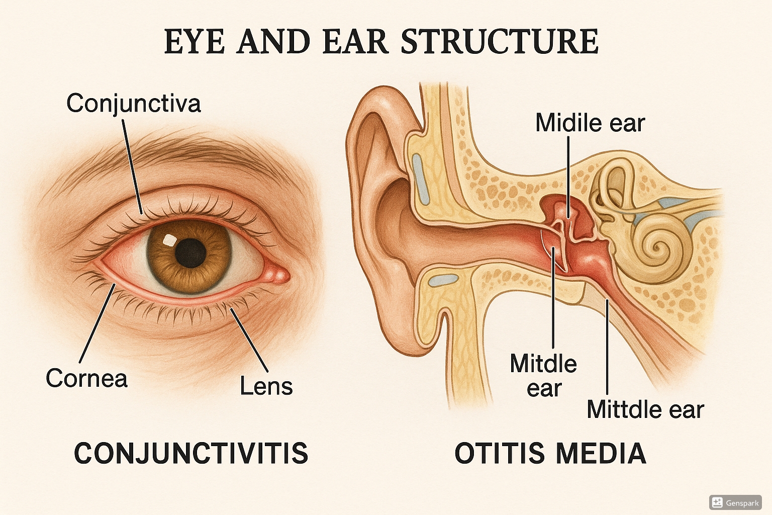 A detailed anatomical illustration showing the eye and ear structure, with labeled parts highlighting common conditions. The image includes a cross-section of the eye showing conjunctiva, cornea, and lens, and a cross-section of ear showing middle ear where otitis media occurs.