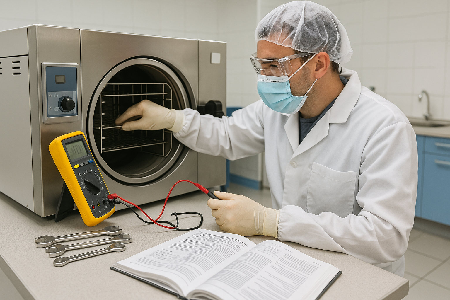 TECHNICIEN BIOMÉDICAL EN BLOUSE BLANCHE ET ÉQUIPEMENTS DE PROTECTION INDIVIDUELLE EFFECTUANT MAINTENANCE SUR AUTOCLAVE MÉDICAL, OUTILS DE DIAGNOSTIC, MULTIMÈTRE, CLÉS SPÉCIALISÉES, MANUEL TECHNIQUE OUVERT, ENVIRONNEMENT LABORATOIRE HOSPITALIER SÉCURISÉ, PROCÉDURE DE MAINTENANCE PRÉVENTIVE, QUALITÉ DOCUMENTAIRE PROFESSIONNELLE