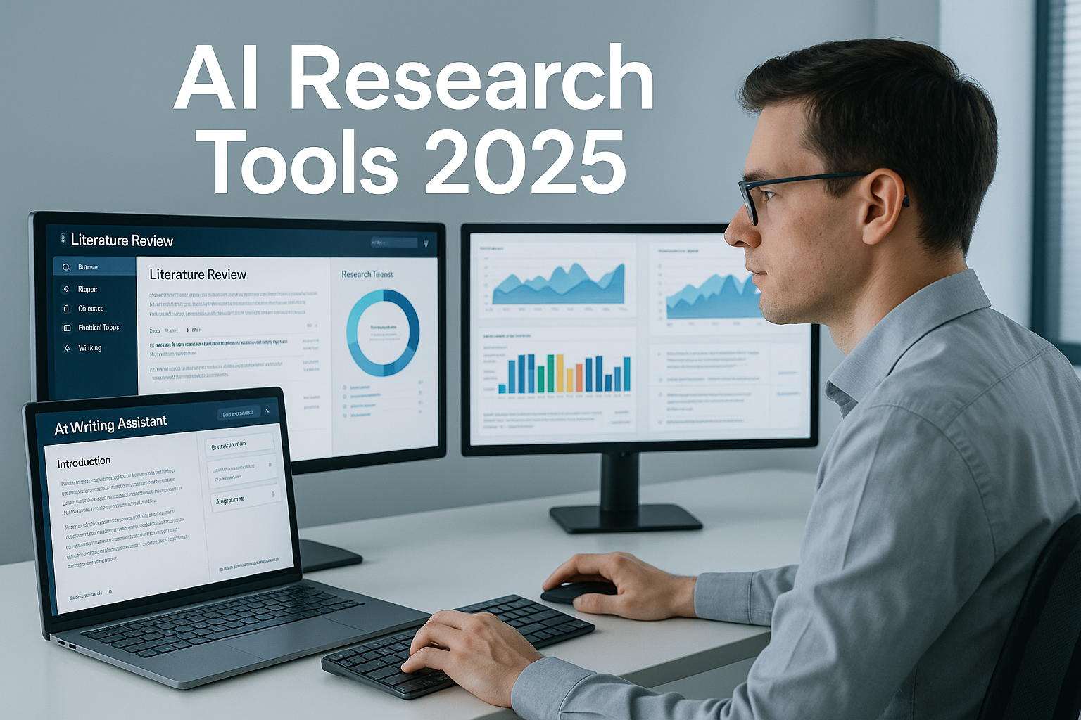 Professional academic researcher using AI-powered research tools at a modern workstation