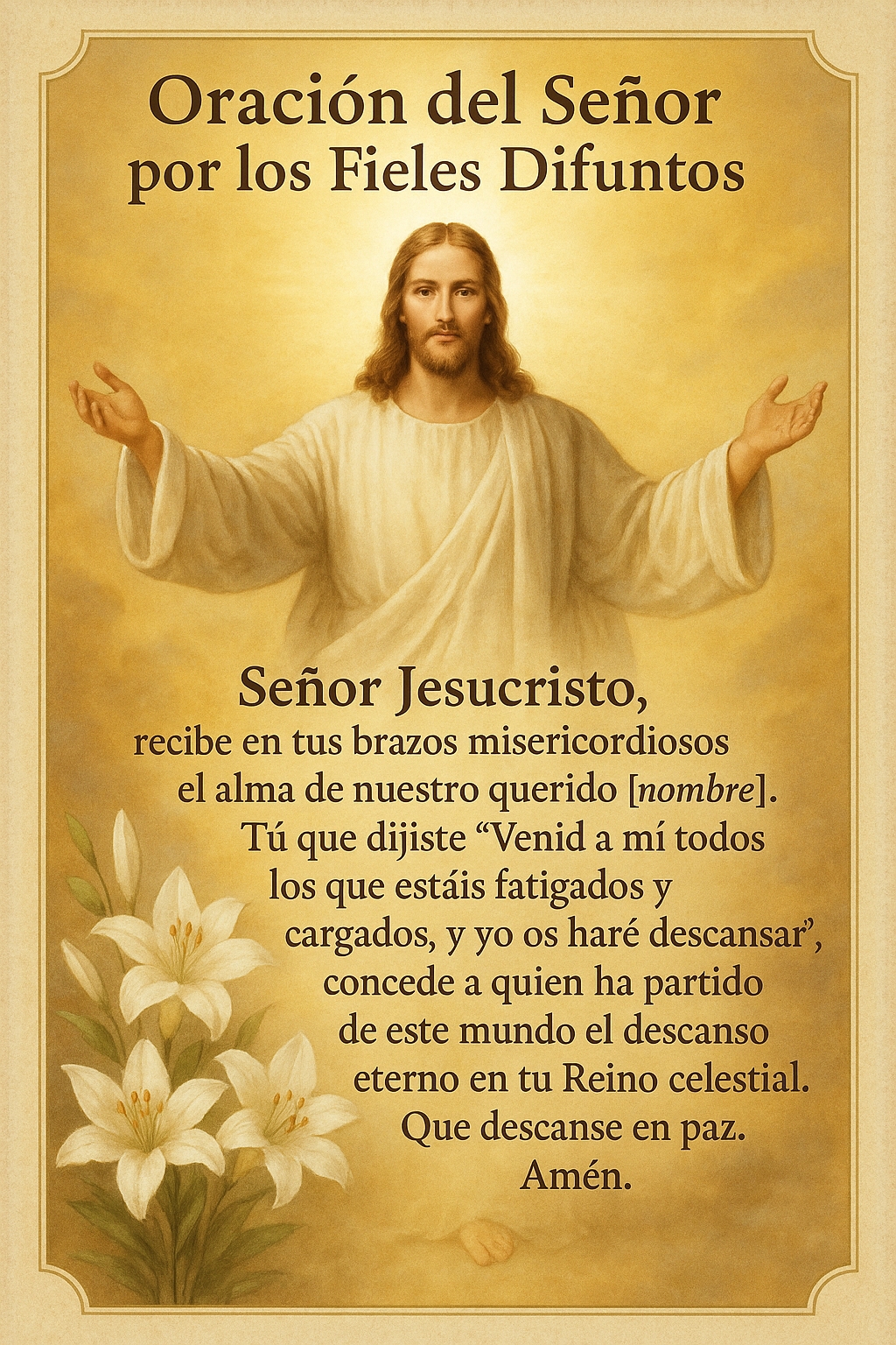 Tarjeta de oración con Jesucristo para los fieles difuntos en español