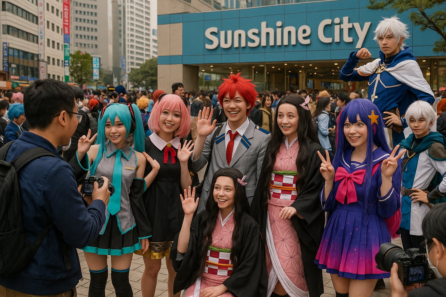 Diverse anime cosplayers in colorful costumes at photography session in Ikebukuro with Sunshine City background