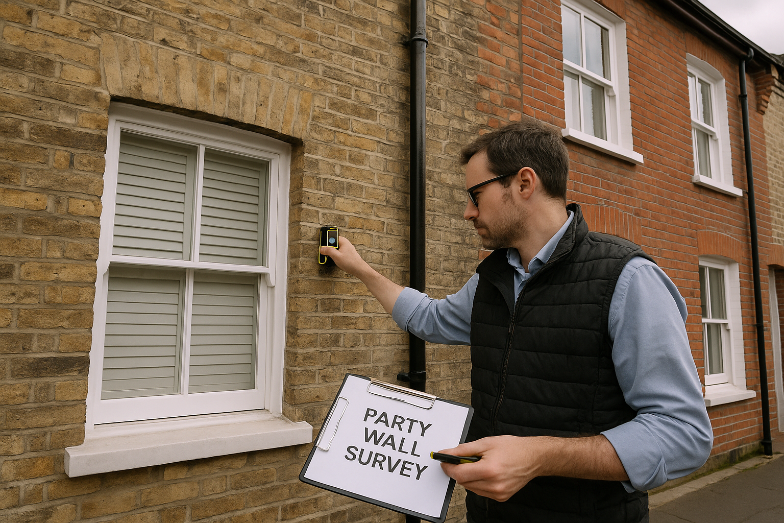 Party wall surveyor examining shared wall between London properties