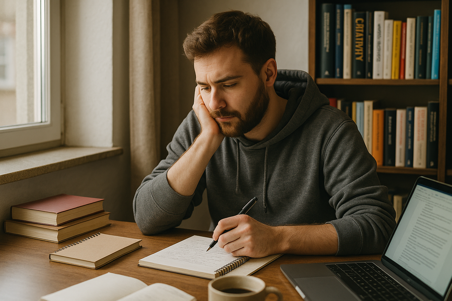 Młody profesjonalny copywriter Tomek w domowym biurze podczas burzy mózgów i pisania. Mężczyzna około 25-30 lat z brodą, ubrany w wygodną bluzę z kapturem. Na biurku notatniki, kubek kawy i laptop z otwartymi dokumentami tekstowymi. Półki z książkami o marketingu i kreatywności w tle.