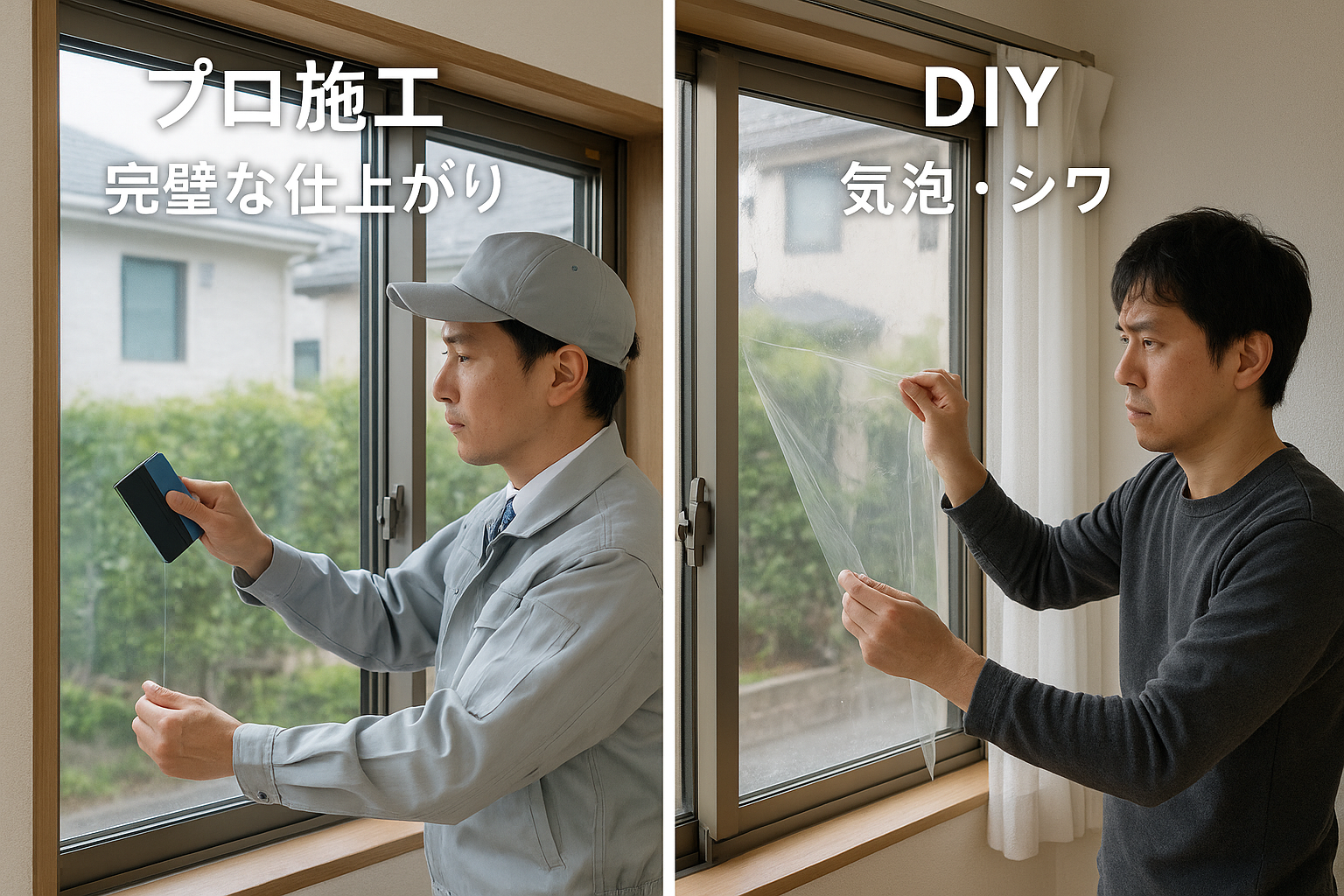 プロ施工とDIYの違い - 左側は専門工具を使った完璧な仕上がり、右側は気泡やシワのある仕上がりを比較
