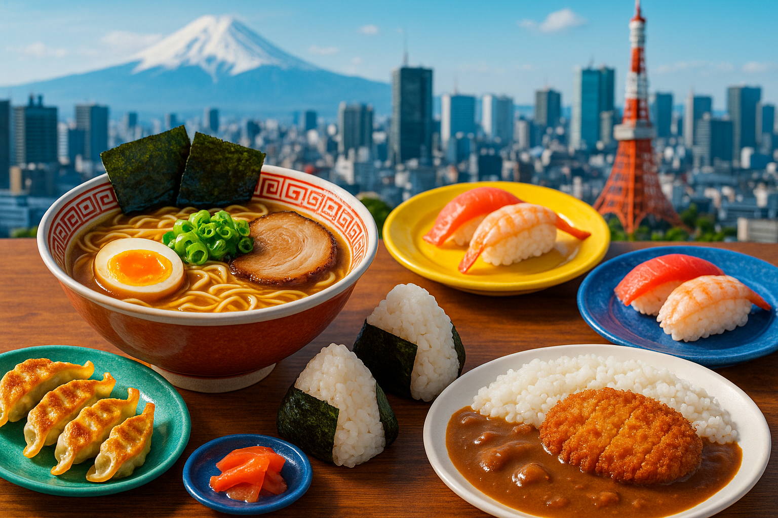 Colorful collection of affordable Japanese foods under 1000 yen with Tokyo skyline