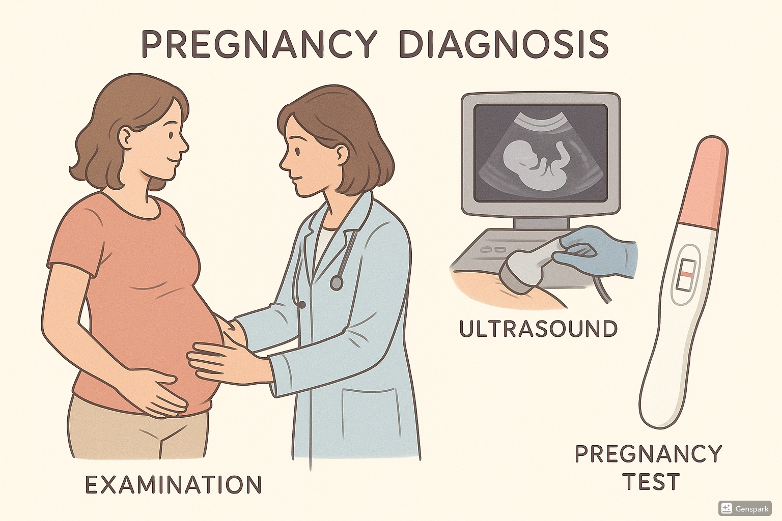 Pregnancy diagnosis methods showing clinical examination, ultrasound and pregnancy tests