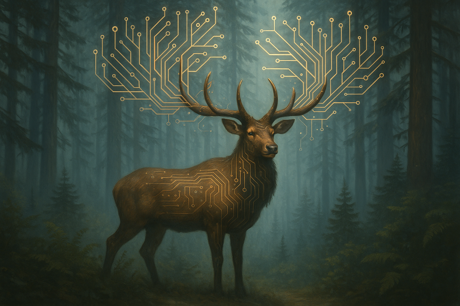 Elegant Growth Elk with network-pattern antlers standing majestically in misty forest