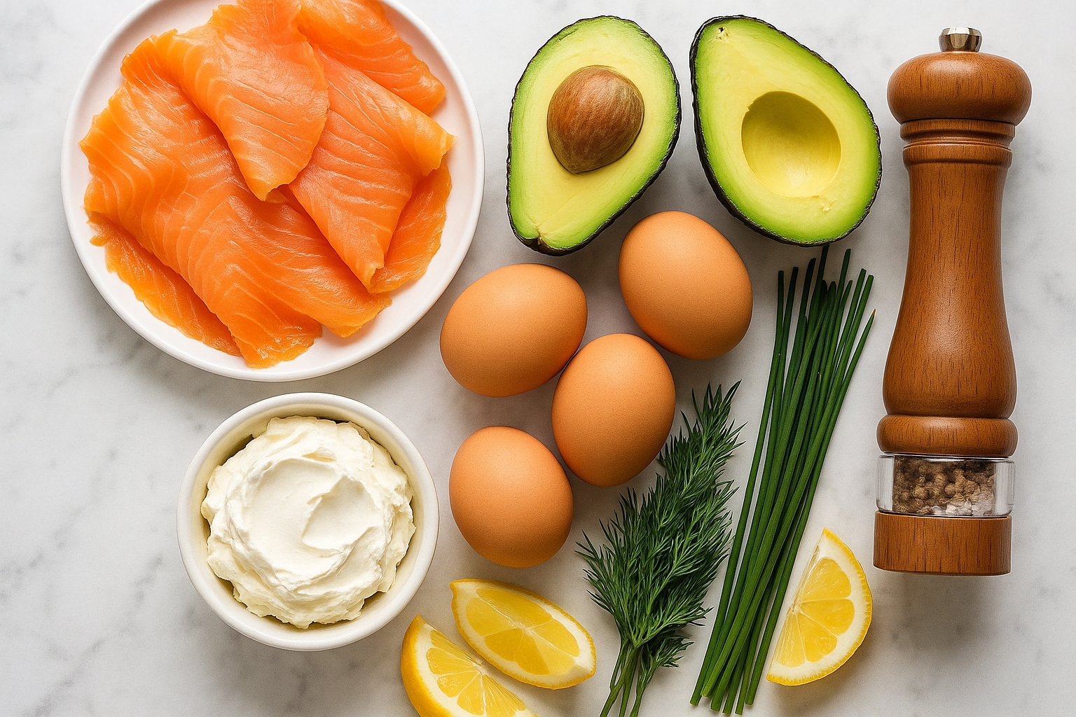 Flatlay of fresh keto breakfast ingredients on a light marble countertop