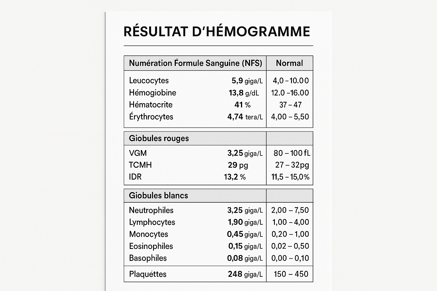 RÉSULTAT D'HÉMOGRAMME FRANÇAIS DÉTAILLÉ