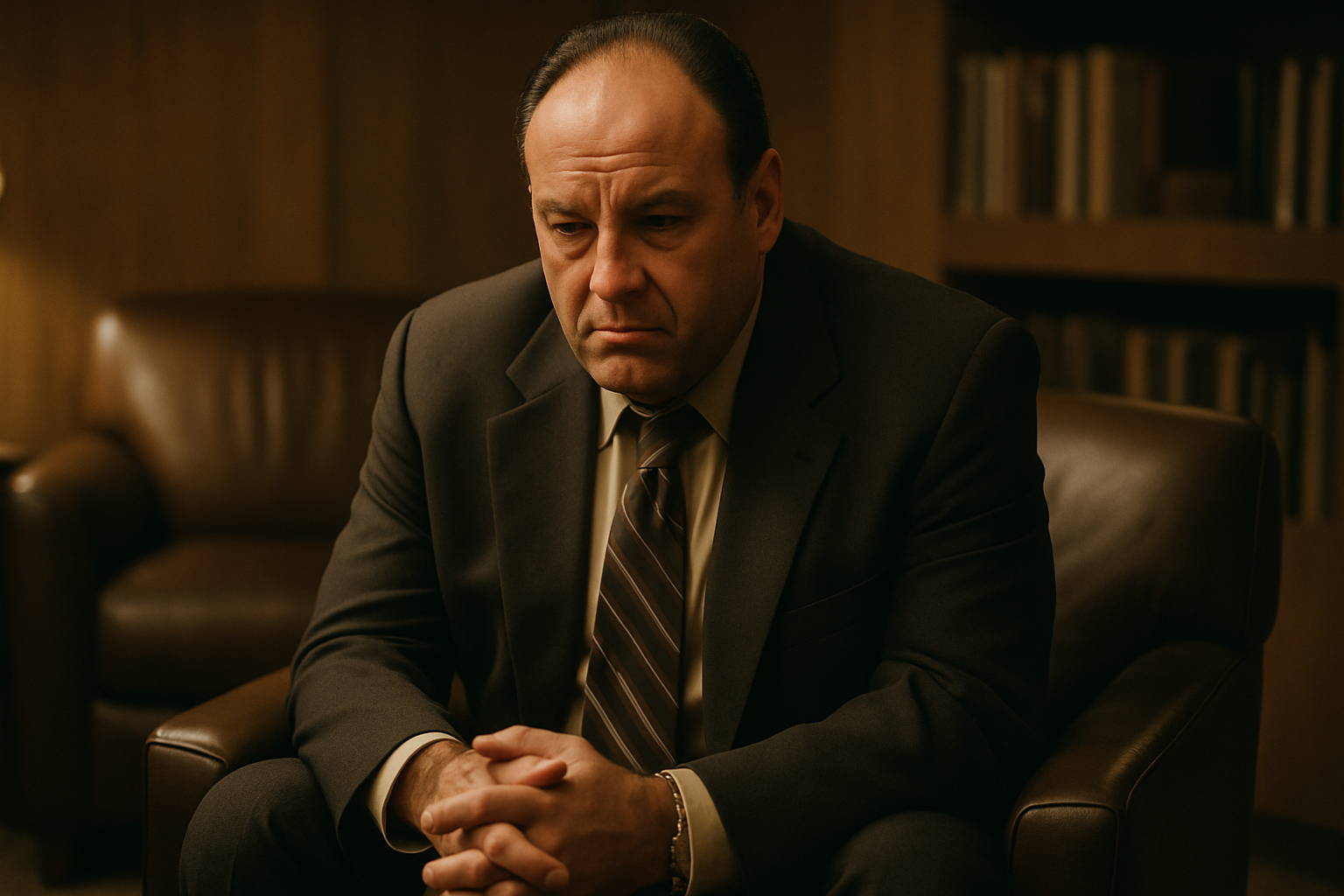 Драматическая сцена в стиле сериала Сопрано с психологической атмосферой
