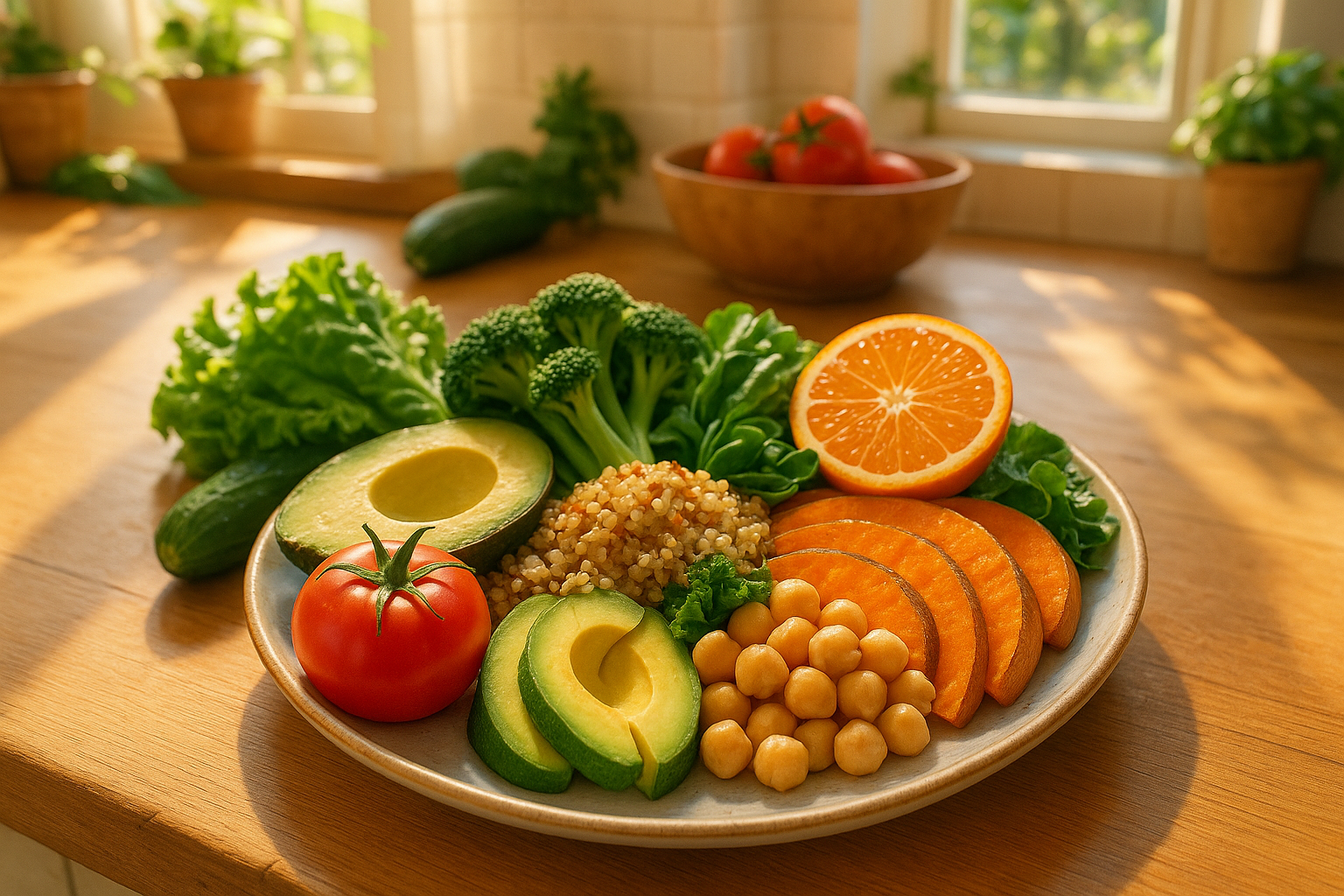 Colorful whole foods in sunlit kitchen