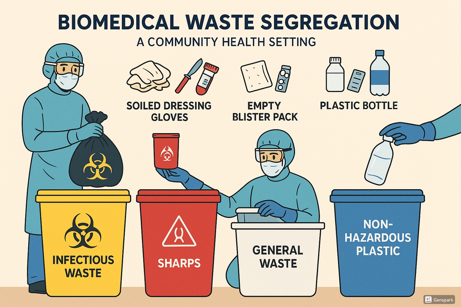 Biomedical waste segregation in a community health setting showing four color-coded bins (yellow, red, white, and blue) with healthcare workers in PPE handling waste