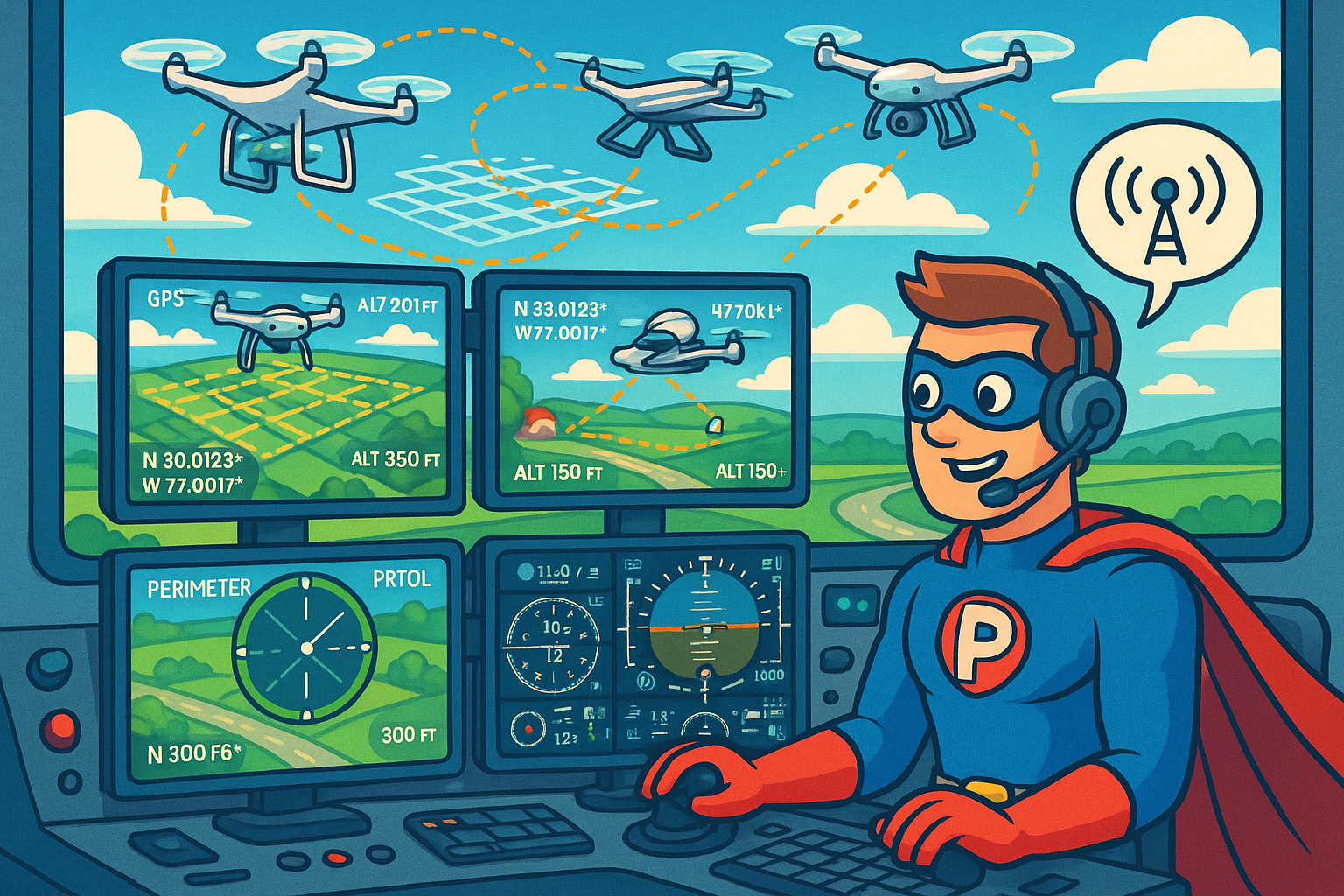 Captain Pixel managing multiple drone feeds showing aerial surveillance and telemetry data