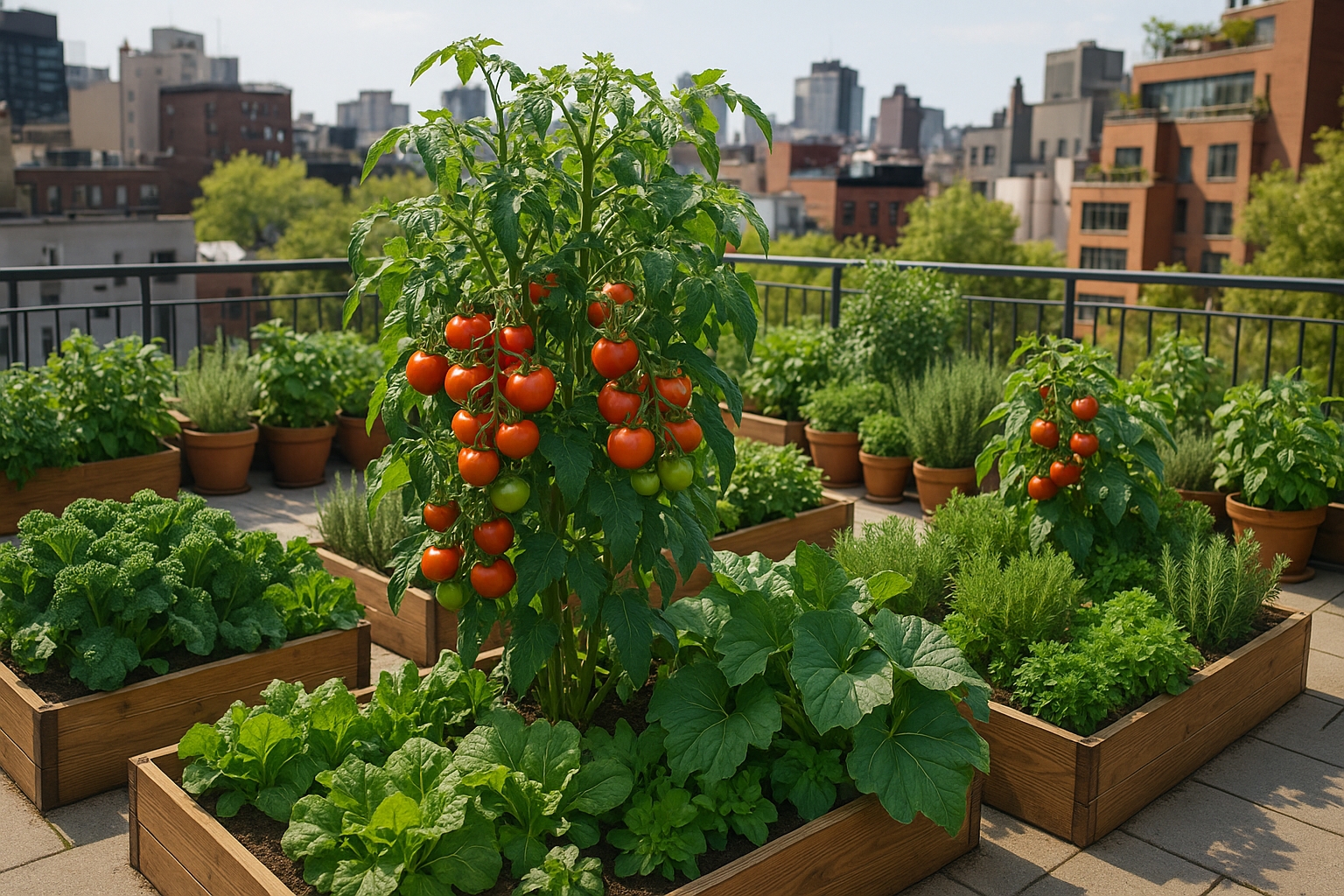 Vue panoramique d'un potager urbain réussi sur une terrasse en ville, montrant des plants de tomates sains et productifs parmi d'autres légumes et herbes aromatiques