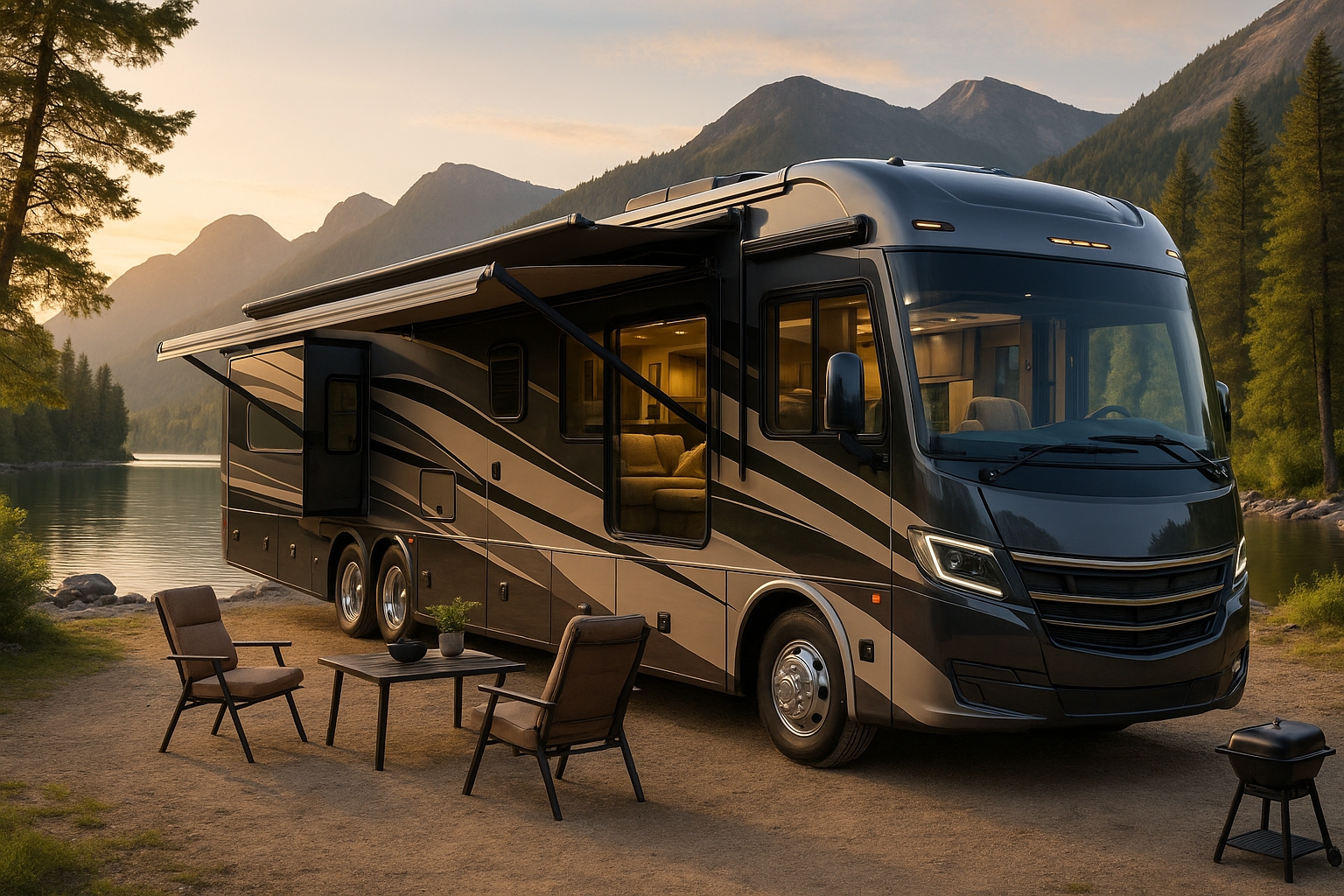 Luxury RV at lakeside campsite