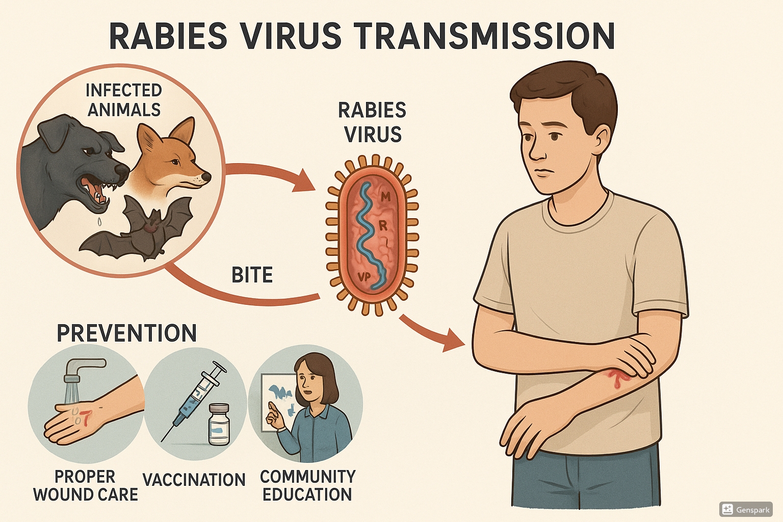 Rabies transmission cycle showing how rabies spreads from infected animals to humans through bites, with prevention measures highlighted