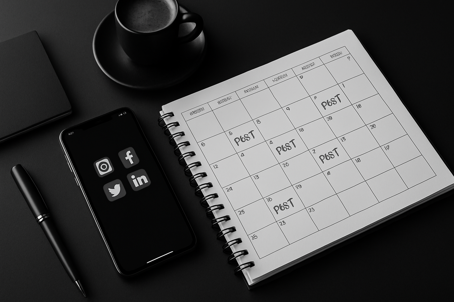 Social media consistency strategy - black and white image showing organized content calendar, smartphone with social media apps, and planning tools