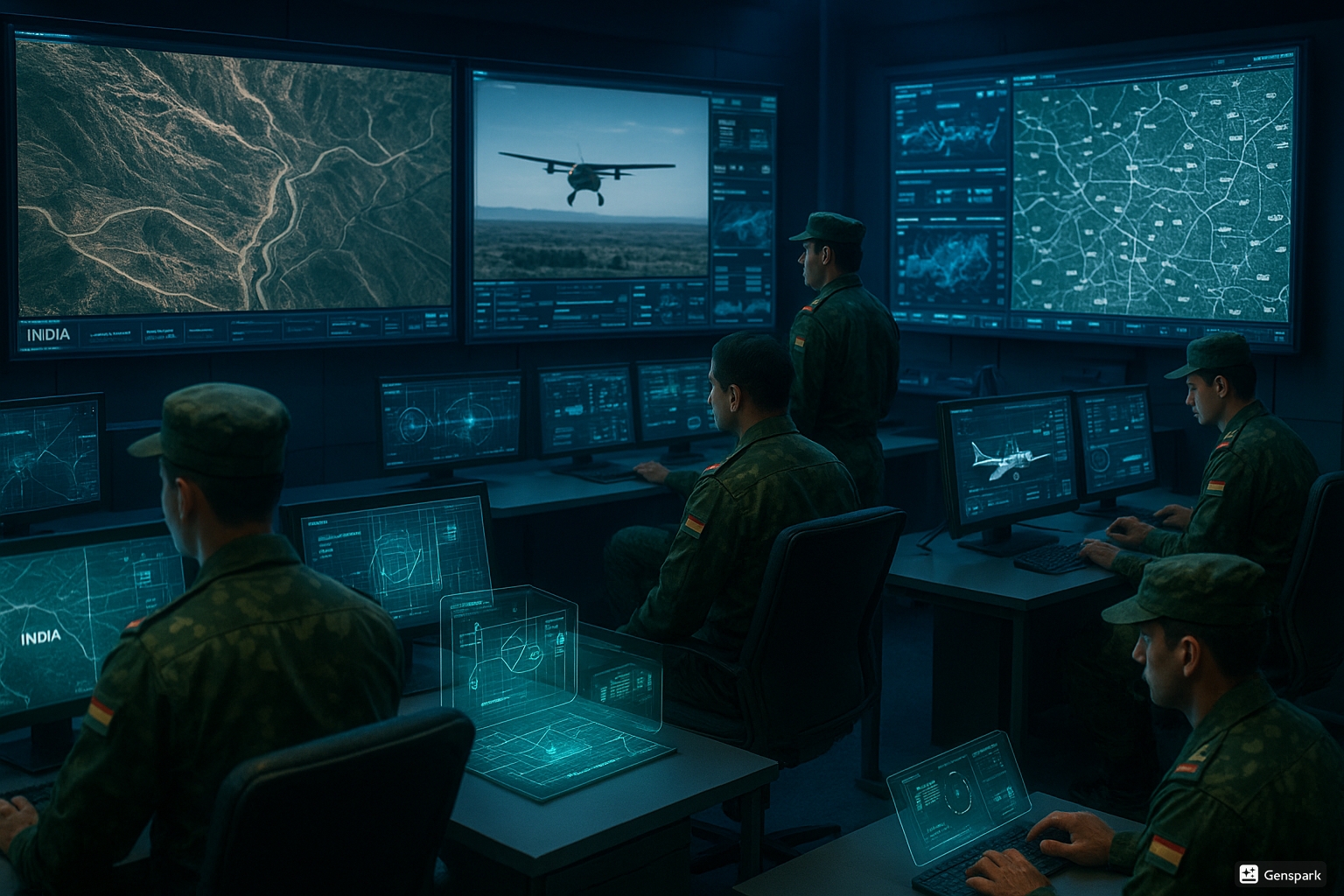 High-tech Indian military command center monitoring drone operations along the India-Pakistan border
