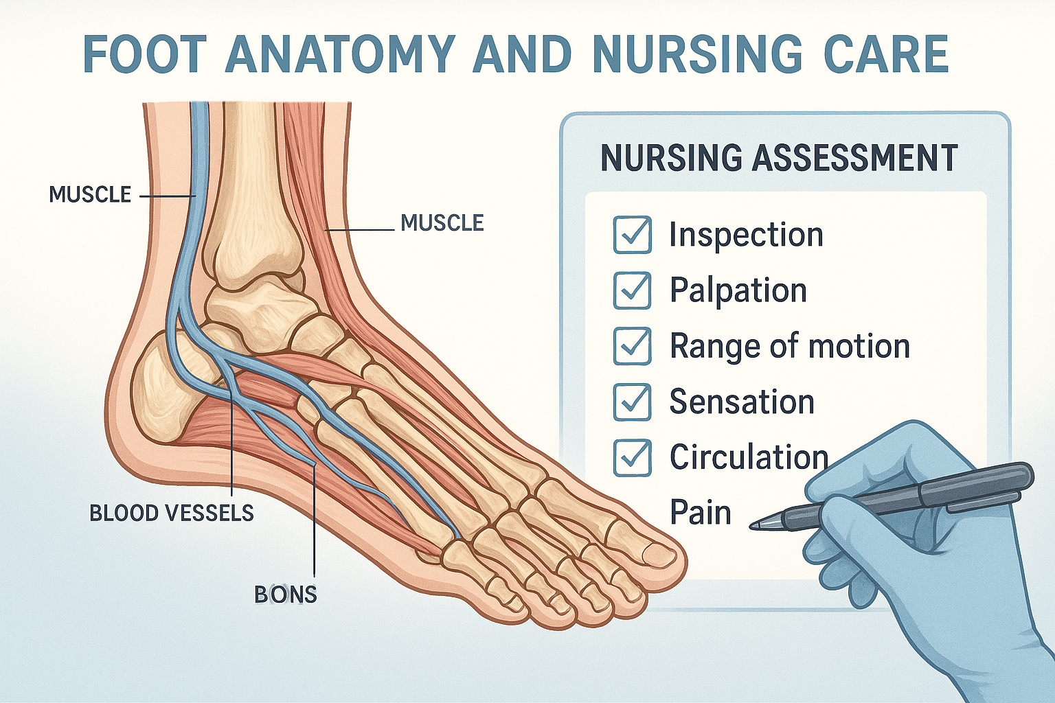 Foot Anatomy and Nursing Care Illustration