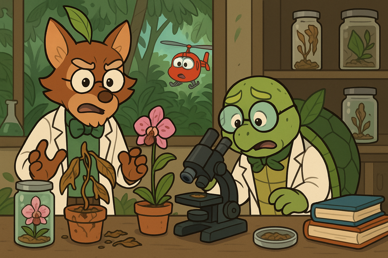 Scientists in jungle laboratory with deteriorating specimens
