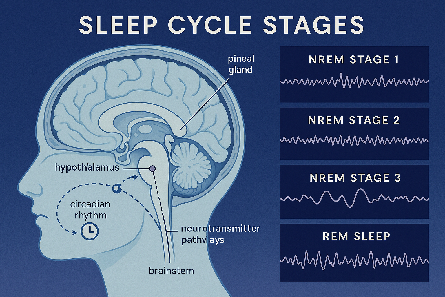 circadian rhythm brain illustration showing sleep stages and neurotransmitter pathways