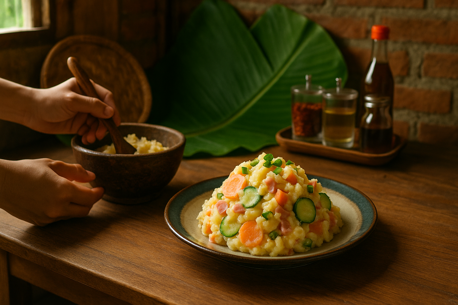 タイの田舎のキッチンで作る日本のポテトサラダ