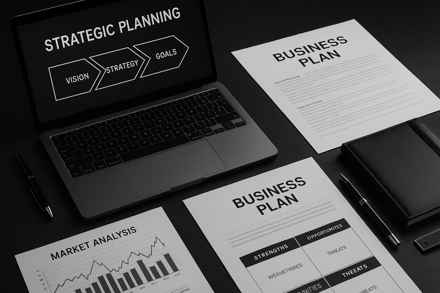 Business plan template strategic framework - elegant black and white workspace with strategic planning documents, market analysis charts, and professional planning tools