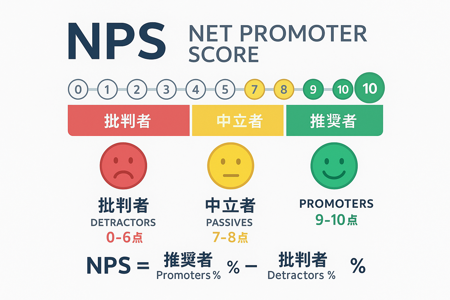 NPS（Net Promoter Score）の概念図と計算方法